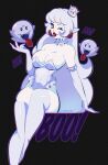  1girl arm_support artist_name bare_shoulders black_background boo_(mario) breasts cleavage collar collarbone colored_skin commentary covered_navel cresscin crown earrings elbow_gloves english_commentary english_text fingernails frilled_collar frills ghost gloves highres jewelry large_breasts leotard long_fingernails long_hair looking_at_viewer mario_(series) narrow_waist one_eye_closed open_mouth parted_lips pointy_ears princess_king_boo red_eyes red_lips sharp_teeth simple_background sitting skindentation solo sphere_earrings strapless strapless_leotard super_crown teeth thighhighs tongue tongue_out very_long_hair white_skin 