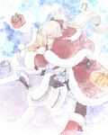  2boys absurdres blonde_hair box commentary_request fire_emblem fire_emblem_fates fire_emblem_heroes fur_trim gift gift_box grey_hair hat high_ponytail highres holding holding_gift hug leo_(fire_emblem_fates) long_hair male_focus multiple_boys nknaxs ponytail red_eyes santa_costume santa_hat takumi_(fire_emblem) white_fur yaoi 