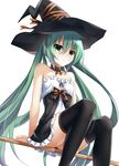 choker green_eyes green_hair hat hatsune_miku kmcgold30 long_hair simple_background sitting solo thighhighs very_long_hair vocaloid white_background witch_hat 