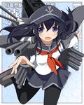  akatsuki_(kantai_collection) black_hair black_legwear blue_eyes blush cannon flat_cap hat kantai_collection long_hair open_mouth pantyhose school_uniform serafuku skirt solo torpedo turret wara_(warapro) 