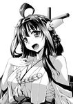  bare_shoulders blush detached_sleeves double_bun greyscale hair_ornament hairband headgear japanese_clothes kantai_collection kongou_(kantai_collection) long_hair monochrome nontraditional_miko open_mouth portrait smile solo yamaguchi_homupe 