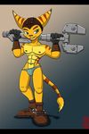 anthro biceps body_markings boots brown_fur bulge fur green_eyes grin helmet invalid_tag kyouryuu lombax male markings muscles nipples pecs pose ratchet ratchet_and_clank smile solo speedo standing stripes swimsuit teeth topless yellow_fur 