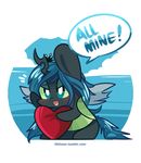 black_body blue_hair blush changeling chubby crown cute english_text equine female feral friendship_is_magic green_eyes hair horn lifeloser long_hair mammal my_little_pony open_mouth outside queen_chrysalis_(mlp) royalty sky smile text tongue winged_unicorn wings 