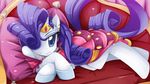  blue_eyes clothing crown dress ear_piercing equine eyeshadow female friendship_is_magic fur glass_slippers gold hair horn horse inside jinzhan looking_at_viewer lying makeup mammal my_little_pony piercing pillow pony purple_hair rarity_(mlp) sofa sparkles tiara unicorn 