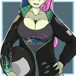  anthro anthrofied arnachy badge biting_lip blue_hair bonbon_(mlp) breasts cleavage clothed clothing discord_(mlp) equine female fire friendship_is_magic hair hand_on_hip helmet horse jacket lip_bite lipstick mammal musical_note my_little_pony pink_hair pony skull solo two_tone_hair wings 
