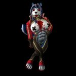  3d abs anthro biceps big_breasts blue_fur blue_hair breasts canine clothing dalus female fur hair hopey long_hair looking_at_viewer mammal muscles muscular_female pose red_eyes solo standing vampire wolf zaruchen 