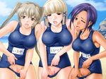  3girls beach blonde_hair brown_hair censored character_request game_cg multiple_girls nude purple_hair pussy red_eyes sekai_ni_otoko_wa_jibun_dake_zensekai_no_josei_o_ninshin_sasete_jinrui_o_sukue! sekai_ni_otoko_wa_jibun_dake_zensekai_no_josei_o_ninshin_sasete_jinrui_o_sukue!_~semen_caravan_nintei_soft tan tanned 