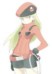  beret bike_shorts blonde_hair gloves hat long_hair pkmn_ranger_(pokemon) poke_ball pokemon pokemon_(game) pokemon_xy solo souji yellow_eyes 