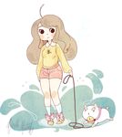 :&lt; ahoge animal animal_print arms_at_sides bangs bee bee_(bee_and_puppycat) bee_and_puppycat bell blush_stickers bow brown_hair bug cat character_print closed_mouth eyelashes frown full_body holding_leash insect jingle_bell kneehighs knees_together_feet_apart leash long_hair long_sleeves looking_at_another looking_down michelle_mantale motion_lines pigeon-toed print_shirt puppycat red_shorts shirt shoes shorts signature swept_bangs tail_wagging white_background yellow_footwear 