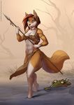  blue_eyes brown_hair canine crocodile female fluffy_tail fox fur hair mammal nevaeh orange_fur polearm reptile rockmonkey scalie solo spear sulferdragon swamp tattoo tree tribal upskirt weapon white_fur 