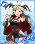  ahoge aqua_eyes artist_request breasts cape character_name cleavage fangs fishnet_pantyhose fishnets green_hair hair_ornament head_wings idolmaster idolmaster_million_live! looking_at_viewer medium_breasts nail_polish official_art open_mouth pantyhose shimabara_elena vampire_costume 