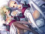  2girls bed black_legwear blue_hair blush brown_eyes feet game_cg glasses green_hair hikage_eiji kaku_bunwa_(koihime_musou) koihime_musou maid multiple_girls no_shoes pink_eyes pussy thighhighs toe_scrunch toutaku uncensored white_legwear 