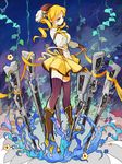  blonde_hair boots dress drill_hair flower gloves gun hat magical_girl magical_musket mahou_shoujo_madoka_magica over-kneehighs ribbon skirt smile solo thighhighs tomoe_mami twin_drills twintails uoshiro weapon yellow_eyes 