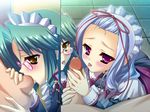  1boy 2girls blue_hair blush brown_eyes double_handjob fellatio game_cg glasses green_hair handjob hikage_eiji kaku_bunwa_(koihime_musou) koihime_musou maid multiple_girls oral penis pink_eyes toutaku uncensored 