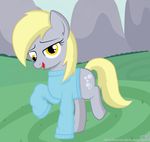  blonde_hair bottomless clothing cutie_mark derpy_hooves_(mlp) ditzyhooves equine female feral friendship_is_magic fur grass grey_fur hair horse long_hair looking_at_viewer mammal mountain my_little_pony open_mouth outside pegasus pony sky smile solo sweater tongue wings yellow_eyes 
