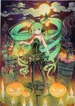  boots cat choker cloud colored_pencil_(medium) flower full_moon ghost green_eyes green_hair hat hatsune_miku headphones highres jack-o'-lantern lamp_miku lantern long_hair moon mosho night open_mouth skirt solo thigh_boots thighhighs traditional_media twintails very_long_hair vocaloid watercolor_(medium) witch_hat 