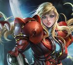  arm_cannon banned_artist blonde_hair blue_eyes hair_down lips long_hair looking_at_viewer metroid no_headwear no_helmet planet power_armor power_suit realistic sakimichan samus_aran science_fiction solo space varia_suit weapon 