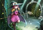  arms_behind_back bad_id bad_pixiv_id blush fingerless_gloves fireflies gloves hat highres jastersin21 long_hair looking_at_viewer original pink_eyes pink_hair roana_cromwel skull smile solo staff witch_hat 