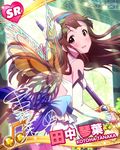  beamed_eighth_notes blush bow bridal_gauntlets brown_eyes brown_hair card_(medium) character_name fairy_wings hairband idolmaster idolmaster_million_live! long_hair looking_back musical_note official_art over_shoulder skirt stage stage_lights sword tanaka_kotoha weapon wings 