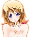  blonde_hair blush breasts charlotte_dunois infinite_stratos jewelry looking_at_viewer medium_breasts nude out-of-frame_censoring pendant purple_eyes solo sumeragi_tomo upper_body 