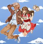  1girl artist_name bee_(bee_and_puppycat) bee_and_puppycat bow brown_hair closed_eyes cloud dark_skin deckard_wizard dress duplicate hair_bow holding_hands interlocked_fingers jacket long_hair open_mouth puppycat radcoffee sky 
