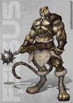  anthro armor bandage barefoot belt biceps big_muscles body_markings brown_fur brown_nose claws clothing ear_piercing feline felsus fur mace male mammal markings muscles necklace pecs piercing pose red_eyes solo standing stripes tan_fur tiger toe_claws toned topless vein weapon 