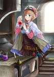  atelier_(series) atelier_rorona beaker belt blue_eyes blush book brown_hair cape flask hat holding indoors inkwell jastersin21 jewelry long_sleeves necklace quill rororina_fryxell round-bottom_flask short_hair smile solo standing table test_tube 