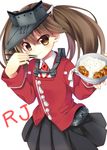  :3 antiaircraft_weapon blush bowl brown_eyes brown_hair chopsticks flat_chest food japanese_clothes kantai_collection kariginu long_hair magatama meatball rice ryuujou_(kantai_collection) skirt smile solo twintails visor_cap yatsuki_yura 