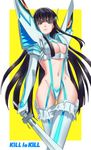  black_hair blue_eyes breasts chauncey cleavage cleavage_cutout junketsu kill_la_kill kiryuuin_satsuki long_hair medium_breasts navel revealing_clothes serious solo sword thighhighs thong weapon 