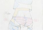  ass assisted_exposure back butt_crack color_trace commentary from_behind grey_background hands highres key_frame kill_la_kill lower_body matoi_ryuuko official_art out_of_frame panties pants pants_pull pantyshot partially_colored production_art pulled_by_another red_panties shirt simple_background solo_focus striped striped_panties trigger_(company) underwear white_background 
