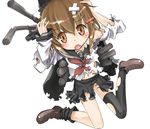  black_legwear blush brown_eyes brown_hair cannon damaged fang hair_ornament hairclip ikazuchi_(kantai_collection) kantai_collection no_panties open_mouth school_uniform serafuku short_hair sitting skirt solo thighhighs torn_clothes torpedo turret yugi_(magical-dreamer) 