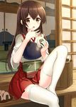  akagi_(kantai_collection) aldehyde bad_id bad_pixiv_id blush brown_eyes brown_hair finger_licking food highres japanese_clothes kantai_collection licking long_hair muneate ohitsu onigiri rice_spoon sitting skirt solo thighhighs white_legwear zettai_ryouiki 