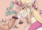  blonde_hair blush breasts censored cum cum_in_mouth cum_on_tongue date_naoto ejaculation facial horn hoshiguma_yuugi large_breasts long_hair open_mouth penis pointless_censoring profile red_eyes solo_focus tongue tongue_out touhou trembling veins veiny_penis 