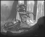  bathing bracelet breasts claws digitigrade elder female frilled_lizard furry-specific_piercing greyscale jewelry jungle lizard lizard_queen looking_at_viewer mingchee monochrome nude old piercing reptile ring scalie small_breasts solo tree water waterfall wet wide_hips 