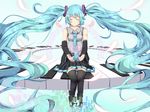  aqua_hair beamed_eighth_notes closed_eyes detached_sleeves eighth_note hatsune_miku heart highres long_hair meimuu musical_note necktie piano_keys quarter_note sitting skirt solo staff_(music) thighhighs twintails very_long_hair vocaloid 