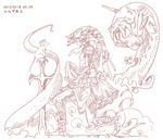  2012 animal armor closed_eyes copyright_request creature crown dated helmet horn kneeling lineart monochrome monster planted_sword planted_weapon simple_background sword translation_request weapon white_background yanagi_yagiaji 