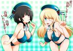  atago_(kantai_collection) bikini black_hair blonde_hair breasts cleavage green_eyes hat kantai_collection large_breasts long_hair makumaxu multiple_girls one_eye_closed red_eyes short_hair smile swimsuit takao_(kantai_collection) translated v 