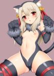 1girl animal_ears ass_visible_through_thighs bangs bare_shoulders bell black_gloves black_legwear blonde_hair blush breasts breasts_outside cat_ears cat_tail center_opening elbow_gloves fate/kaleid_liner_prisma_illya fate_(series) fur_collar gloves hair_between_eyes hair_ribbon illyasviel_von_einzbern jingle_bell long_hair looking_at_viewer navel nipples open_mouth paw_gloves paws red_eyes red_ribbon ribbon simple_background small_breasts solo tail thighs toshishikisai 