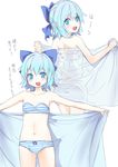  back bandeau blanket blue_eyes blue_hair bow bow_panties bra cameltoe cirno collarbone culter flat_chest hair_bow ice ice_wings looking_at_viewer looking_back navel open_mouth outstretched_arms panties simple_background smile solo strapless strapless_bra striped striped_panties too_bad!_it_was_just_me! touhou underwear underwear_only white_background wings 