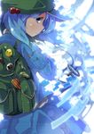  backpack bag blue_eyes blue_hair flanvia hair_bobbles hair_ornament hat highres jewelry kawashiro_nitori key looking_back necklace screwdriver solo touhou 