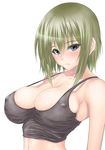  blonde_hair blue_eyes blush breasts cleavage covered_nipples large_breasts looking_at_viewer muffin_(sirumeria) original shiny shiny_skin simple_background solo strap_gap tank_top upper_body white_background 