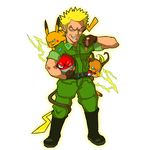  blonde_hair blue_eyes boots combat_boots electricity gen_1_pokemon grin gym_leader kafun matis_(pokemon) military military_uniform pikachu poke_ball pokemon pokemon_(creature) pokemon_(game) pokemon_rgby raichu sleeveless smile spiked_hair thumbs_down uniform voltorb waist_poke_ball white_background 