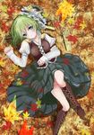  arm_ribbon autumn_leaves bad_id bad_pixiv_id blue_eyes boots buttons cross-laced_footwear green_hair hat juliet_sleeves knee_boots leaf leaf_background light_smile long_sleeves looking_at_viewer lying on_back pleated_skirt puffy_sleeves ribbon rod_of_remorse shiki_eiki shirt shoulder_pads skirt solo touhou urabe_michiru vest 