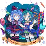  2girls alternate_costume aqua_hair arm_around_waist arm_holding bare_tree bat_wings blouse blue_background blue_eyes blue_hair bow breasts brooch bug candy candy_cane cirno cleavage cross daiyousei dress fairy_wings food grin hair_bow hair_ribbon halloween halloween_costume hand_on_another's_back hand_up happy_halloween hat iris_anemone jewelry lollipop looking_at_viewer medium_breasts multiple_girls ribbon short_hair side_ponytail skirt skull smile spider spider_web_print star strapless strapless_dress striped striped_legwear suspenders thighhighs touhou tree v wings witch_hat wrist_cuffs 