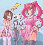  :3 apron bare_shoulders black_panties blush blush_stickers brown_hair closed_eyes cosplay costume_switch dress dress_lift elbow_gloves embarrassed frills glasses gloves gundam gundam_build_fighters hairband iori_rinko kirara_(gundam_bf) kirara_(gundam_bf)_(cosplay) kousaka_china kousaka_china_(cosplay) leaning_forward long_hair midriff multiple_girls open_mouth panties pink_hair red-framed_eyewear rotix semi-rimless_eyewear short_hair short_shorts shorts skirt thighhighs thought_bubble twintails underwear white_gloves white_legwear 