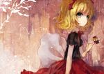  blonde_hair blue_eyes bow character_name closed_eyes dqn_(dqnww) fairy fairy_wings hair_ribbon looking_at_viewer medicine_melancholy outstretched_arm puffy_sleeves ribbon shirt short_hair short_sleeves simple_background skirt solo string su-san touhou wavy_hair wings 