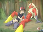  anthro ball_fondling balls black_penis blaziken blue_eyes blush brown_eyes brown_hair clothing cum cum_on_tongue cum_string erection gay hair hat human human_on_anthro interspecies kneeling male mammal nintendo oral oral_sex penis pok&#233;ball pok&#233;mon pok&#233;mon_trainer pok&#233;philia pok&eacute;ball pok&eacute;mon pok&eacute;mon_trainer pok&eacute;philia sex sitting tongue tree twang video_games 