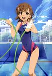  :d absurdres ass_visible_through_thighs brown_eyes brown_hair cloud competition_swimsuit covered_navel day empty_pool fence highres hose misaka_mikoto nyantype official_art one-piece_swimsuit open_mouth pool pool_ladder scan short_hair sky smile solo splashing starting_block swimsuit tanaka_yuuichi thighs to_aru_kagaku_no_railgun to_aru_majutsu_no_index water 