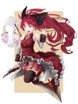  bare_shoulders black_legwear boots bow detached_sleeves hair_bow kyubey long_hair magical_girl mahou_shoujo_madoka_magica mochi_hanpen open_mouth polearm ponytail red red_eyes red_hair sakura_kyouko spear weapon 