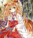  animal_ears bad_id bad_pixiv_id bamboo blonde_hair fox_ears fox_tail full_moon hakama highres japanese_clothes long_hair miko moon night original puu_(kari---ume) red_hakama sitting tail traditional_media very_long_hair 